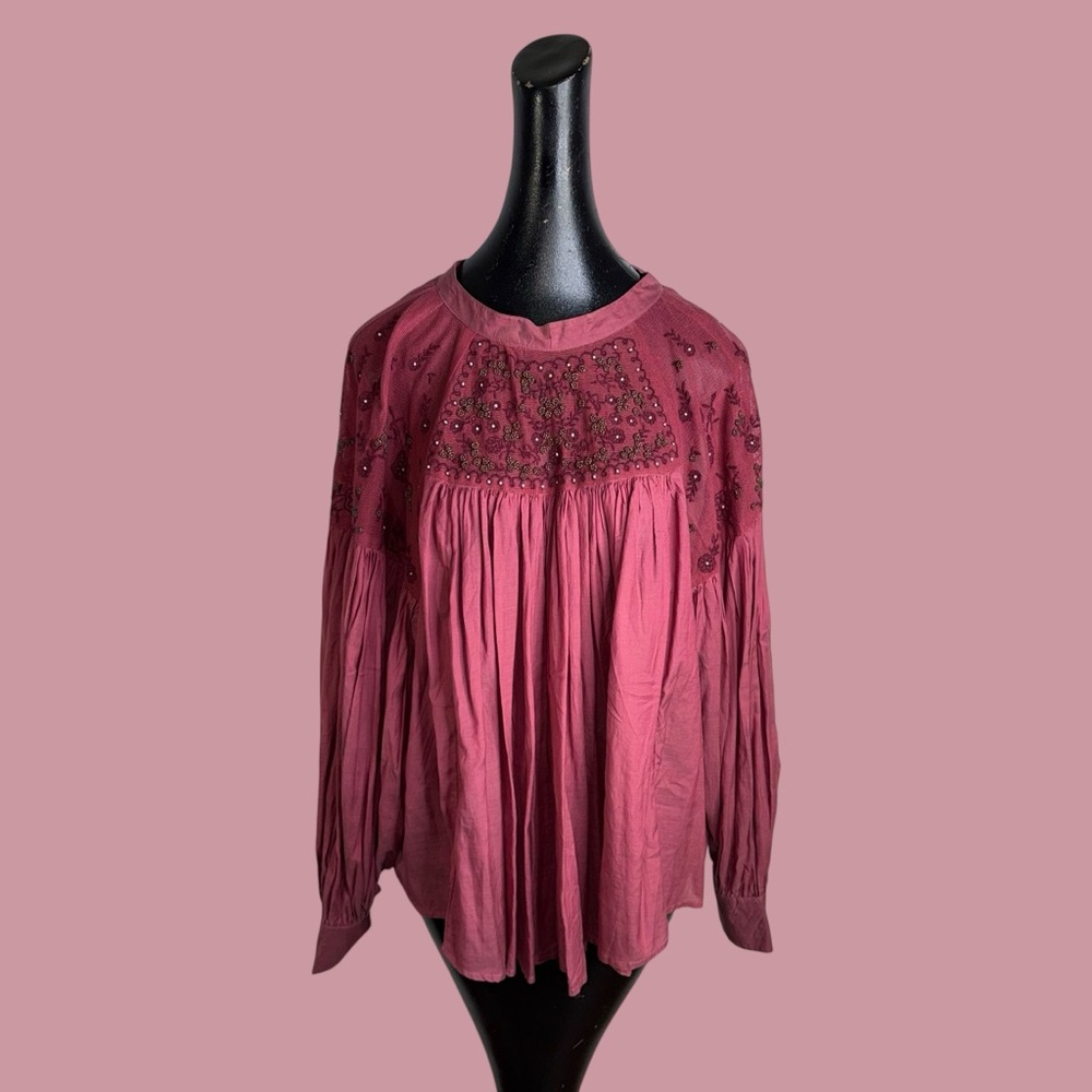Free People Mesh Beaded Embroidered Balloon Sleeve
Tie Back Blouse. - Picture 8 of 16